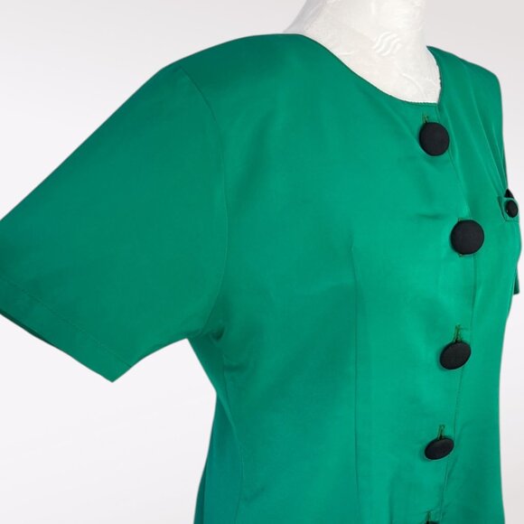 Vintage 80s Green Button Up Blouse Black Buttons Retro Short Sleeve Medium - Picture 6 of 9